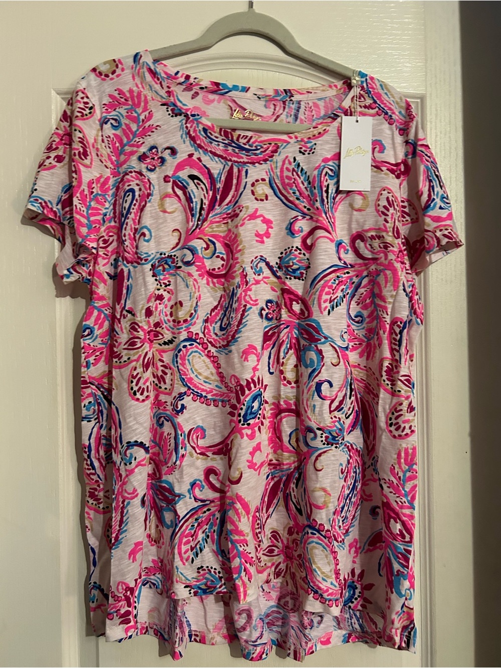 New Lilly Pulitzer Etta Top Pink & Blue Paisley Coconut Safari Tee xxl HTF